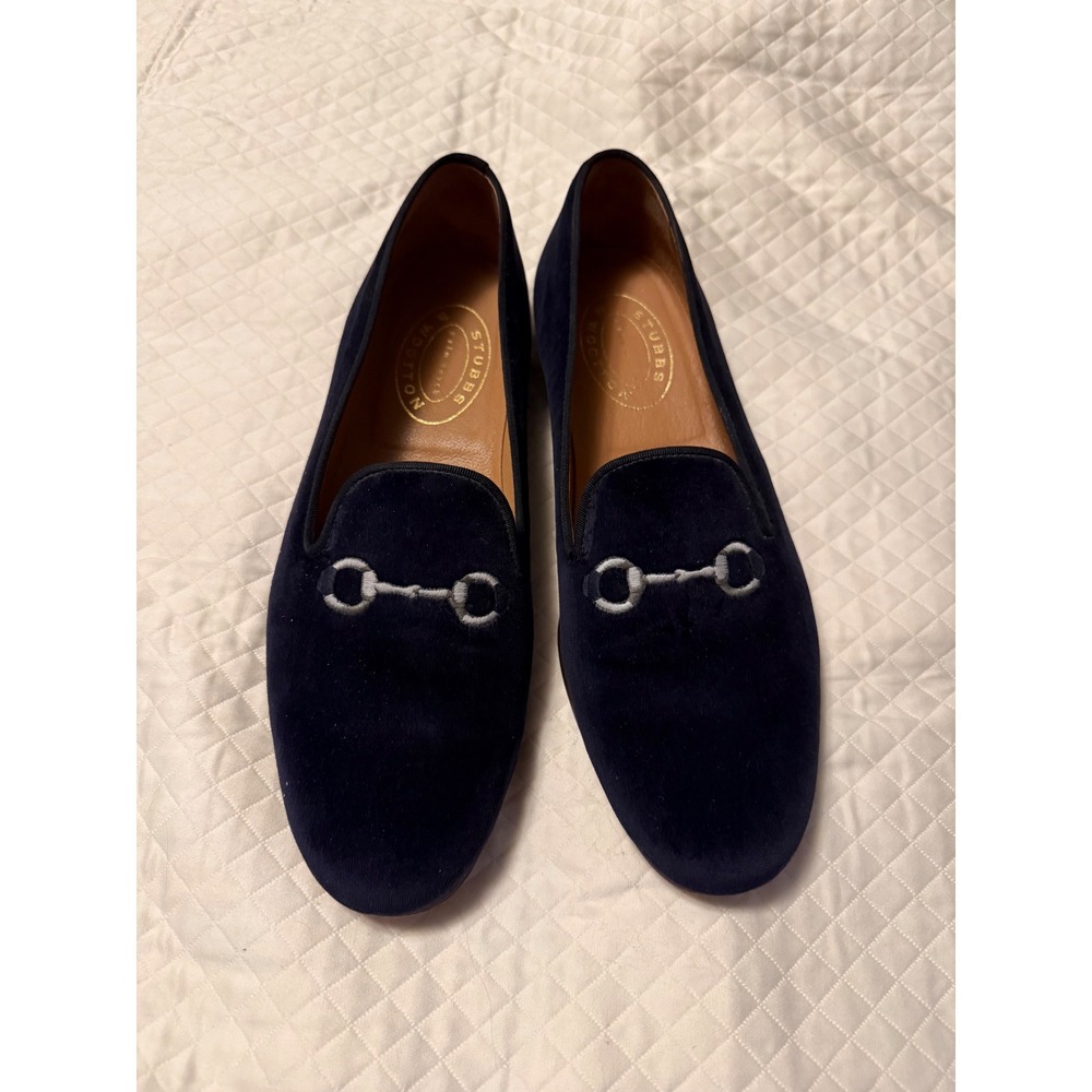 Stubbs & Wootton Navy Velvet Smoking Slipper Loafers Embroidered Bit Size 14 M